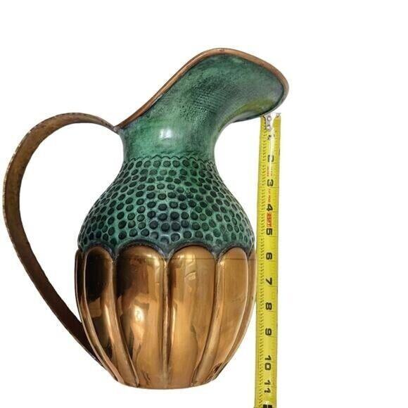 Mid 20th Century Copper Brass Hammered 11" Pitcher Exotic Large Lip Vintage Rare - Picture 10 of 12